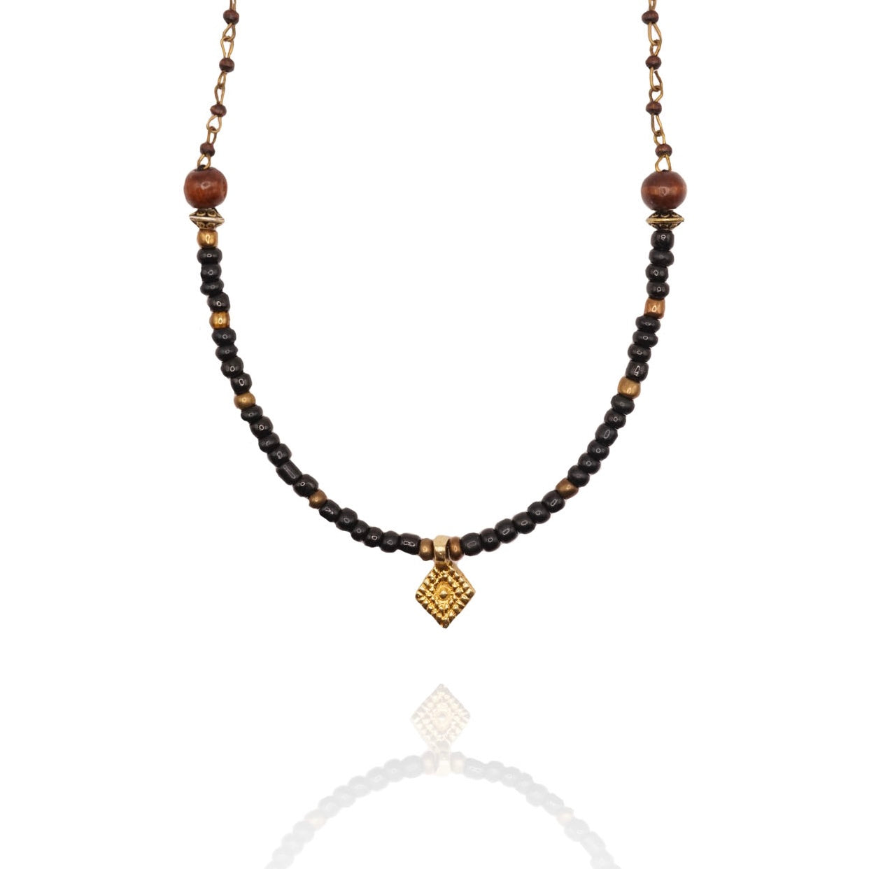 Beaded Necklace with a Shiny Brass Plated Pendant