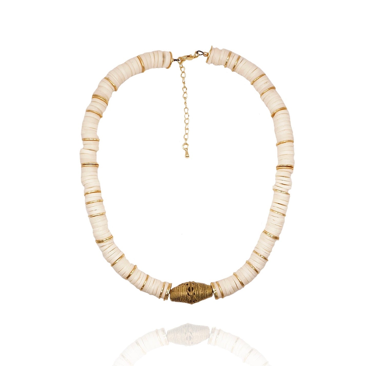 Shell bead necklace with gold spacers and a brass pendant