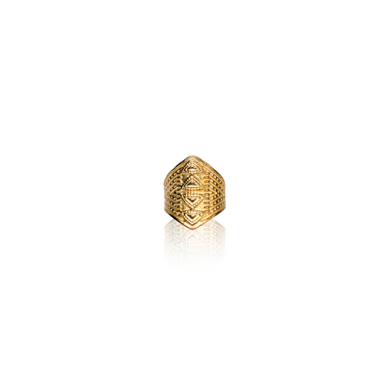Adjustable shiny gold brass ring with tribal design. 